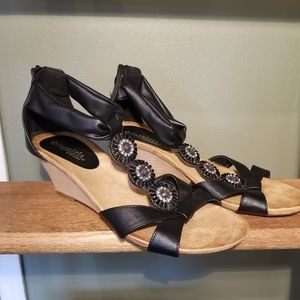 Patrizia By Spring Step Alexandra Women Open Toe Canvas Wedge Sandal Black 10